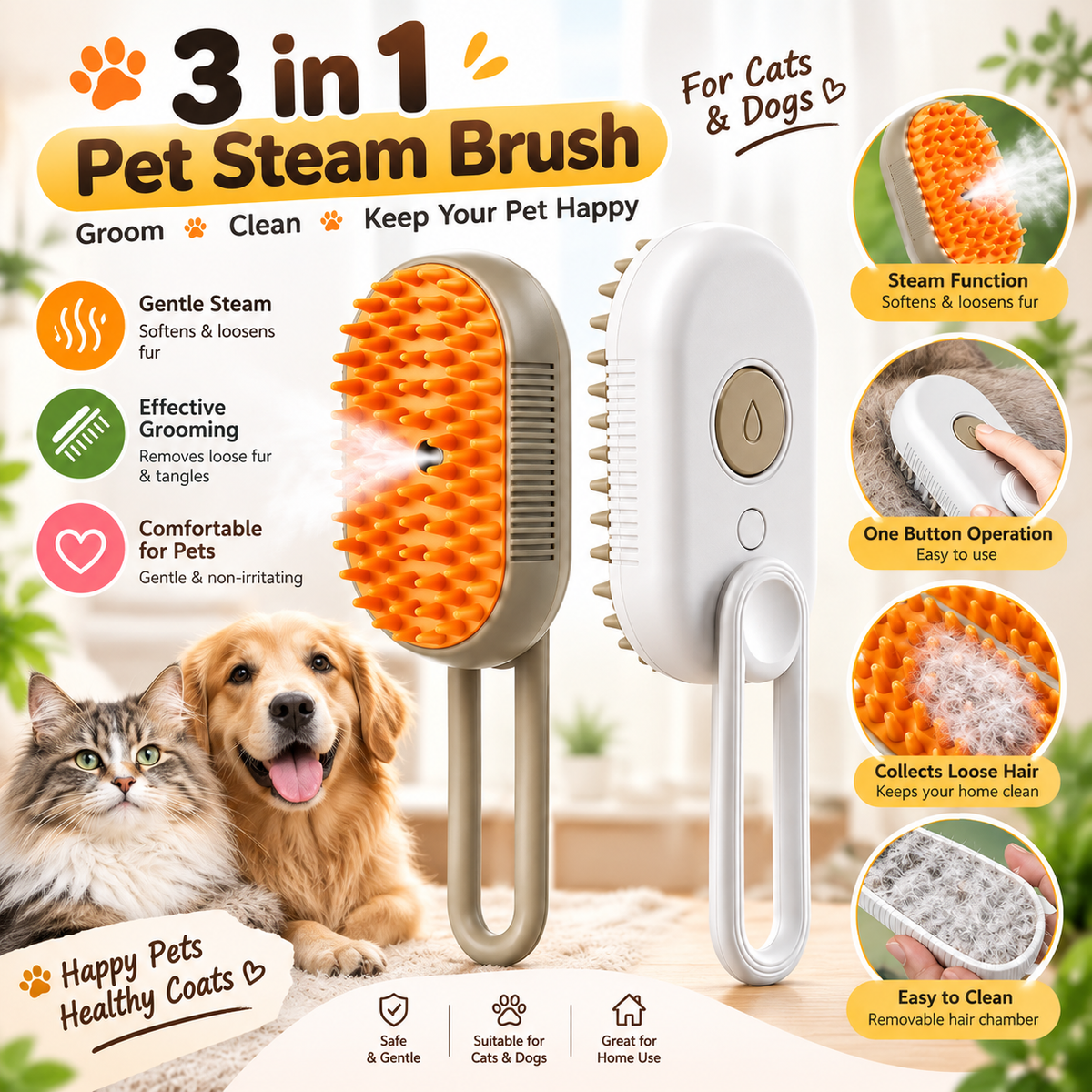 2-in-1 Pet Steam Brush for Cats & Dogs